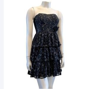 KISMET strapless mini ruffle dress. Rose detail. Lace material. Lined. EEUC.